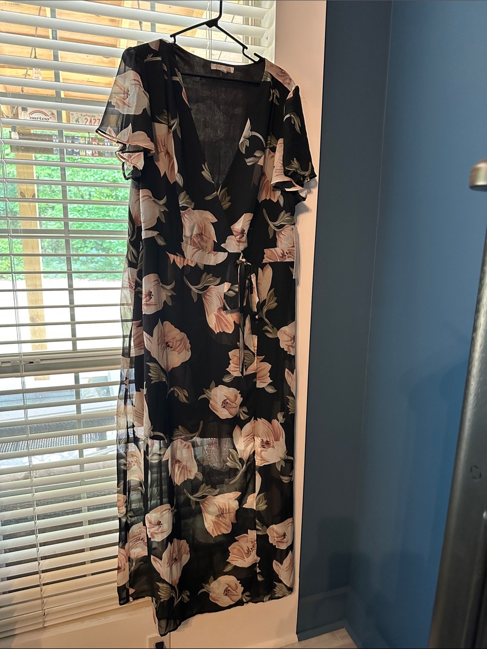 Black Floral Maxi Wrap Dress with Blush Rose Print